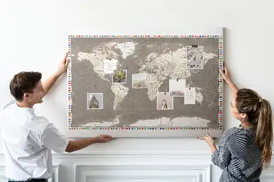Printed Cork Memo Board Brown world map