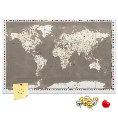 Printed Cork Memo Board Brown world map