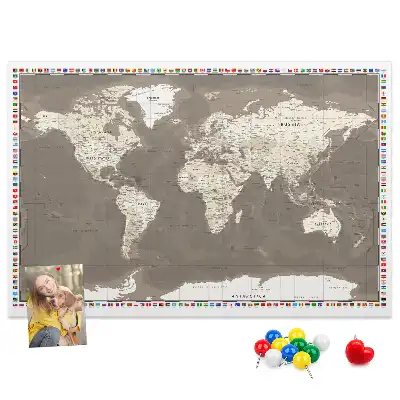 Printed Cork Memo Board Brown world map
