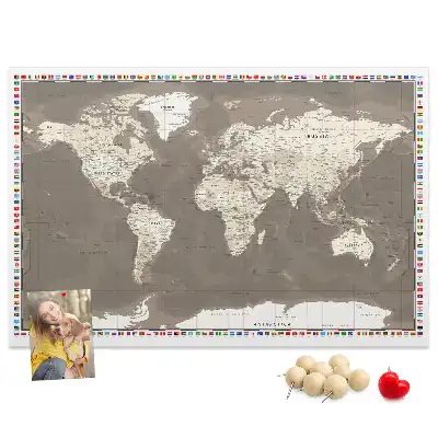 Printed Cork Memo Board Brown world map