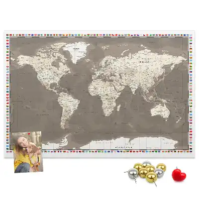 World Map Printed Cork Memo Board in Brown