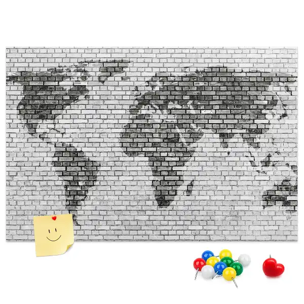 World Map Cork Memo Board with Brick Wall Print