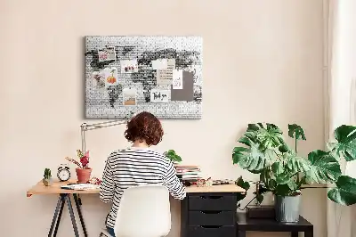 World Map Cork Memo Board with Brick Wall Print