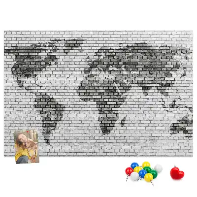 World Map Cork Memo Board with Brick Wall Print