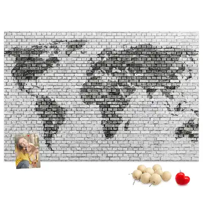 World Map Cork Memo Board with Brick Wall Print