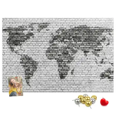 World Map Cork Memo Board with Brick Wall Print