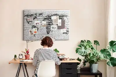 World Map Cork Memo Board with Brick Wall Print