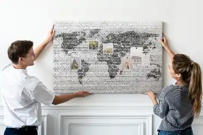World Map Cork Memo Board with Brick Wall Print