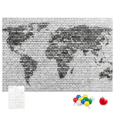 World Map Cork Memo Board with Brick Wall Print