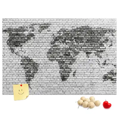 World Map Cork Memo Board with Brick Wall Print