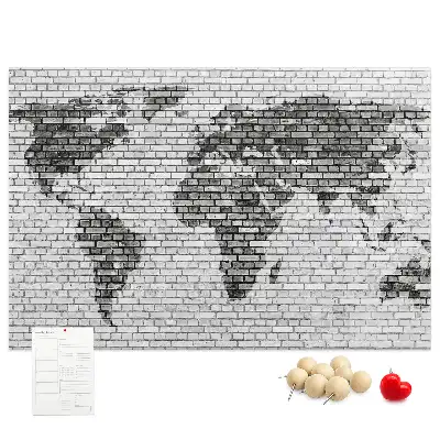 World Map Cork Memo Board with Brick Wall Print