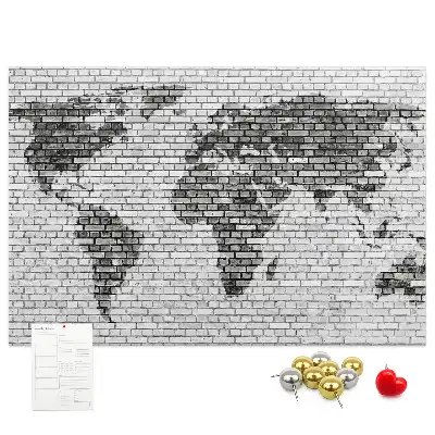 World Map Cork Memo Board with Brick Wall Print