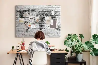World Map Cork Memo Board with Brick Wall Print