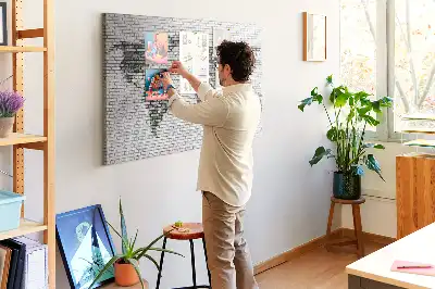 World Map Cork Memo Board with Brick Wall Print