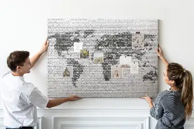 World Map Cork Memo Board with Brick Wall Print