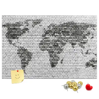 World Map Cork Memo Board with Brick Wall Print