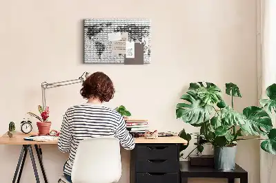 World Map Cork Memo Board with Brick Wall Print