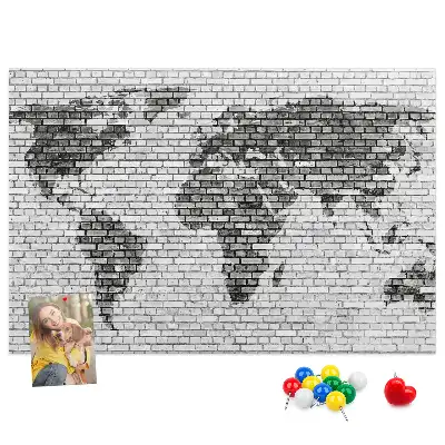 World Map Cork Memo Board with Brick Wall Print
