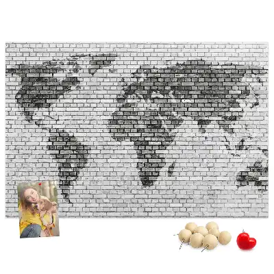 World Map Cork Memo Board with Brick Wall Print