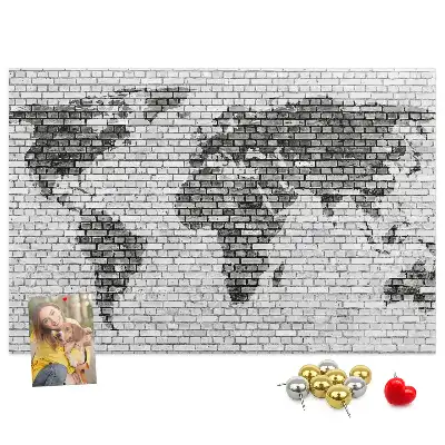 World Map Cork Memo Board with Brick Wall Print