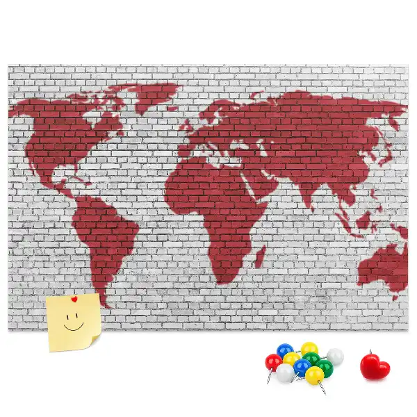 Printed Cork Board Brick Wall World Map