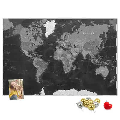 Printed Cork Memo Board Black world map