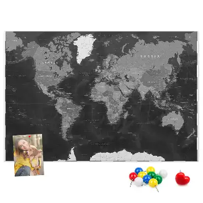 Printed Cork Memo Board Black world map
