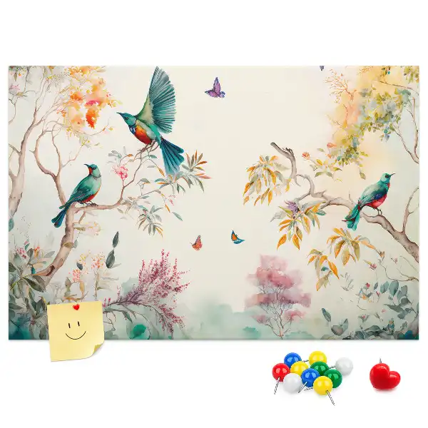 Cork memo board with floral and bird nature design