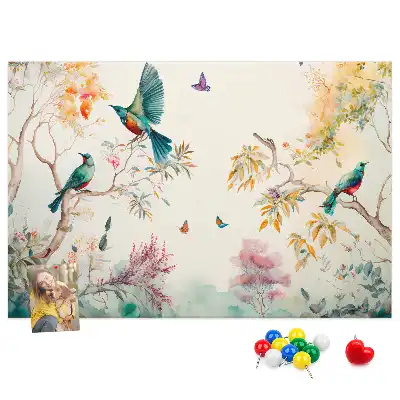 Cork memo board with floral and bird nature design