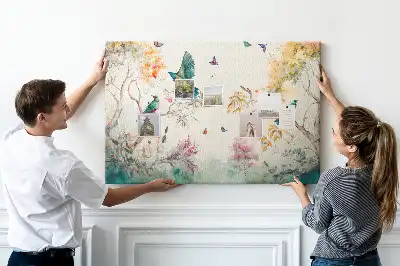 Cork memo board with floral and bird nature design