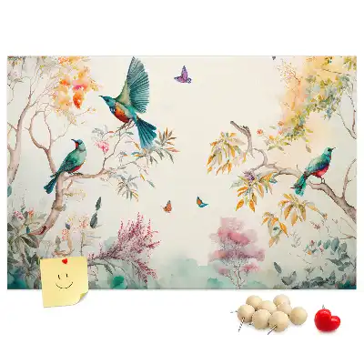 Cork memo board with floral and bird nature design