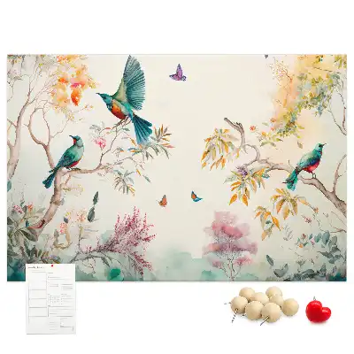 Cork memo board with floral and bird nature design