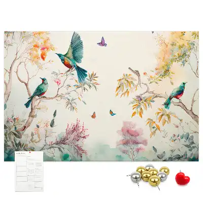 Cork memo board with floral and bird nature design