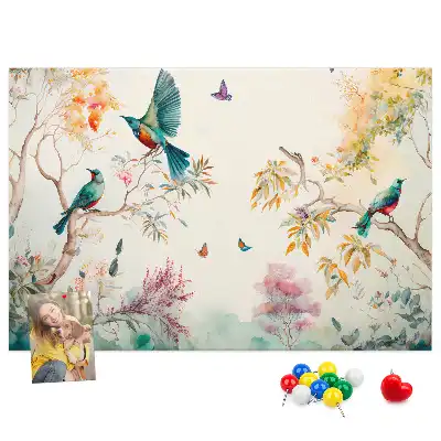 Cork memo board with floral and bird nature design