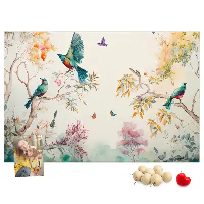 Cork memo board with floral and bird nature design
