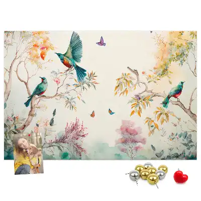 Cork memo board with floral and bird nature design