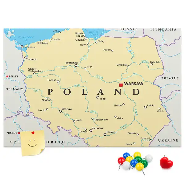 Printed Cork Board Political map of Poland