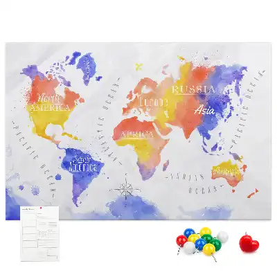 Printed Cork Memo Board Watercolor world map