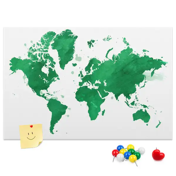 Green world map cork memo board