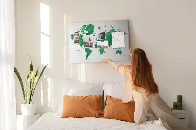 Green world map cork memo board