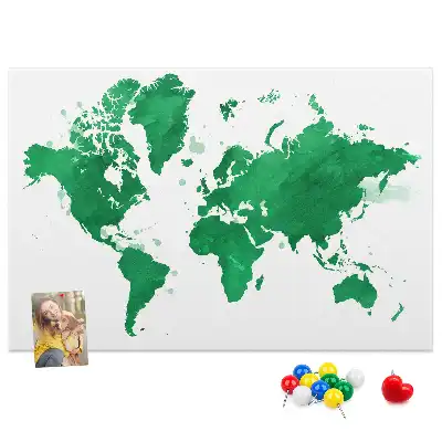 Green world map cork memo board