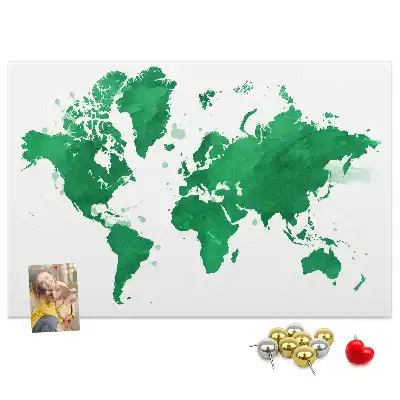 Green world map cork memo board