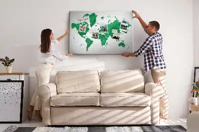 Green world map cork memo board