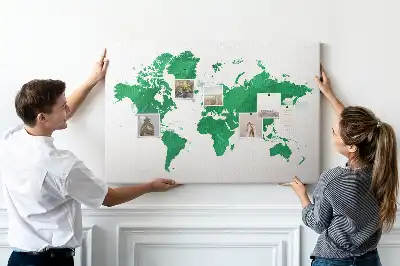 Green world map cork memo board