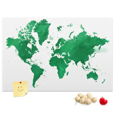 Green world map cork memo board
