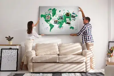 Green world map cork memo board