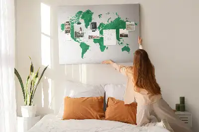 Green world map cork memo board