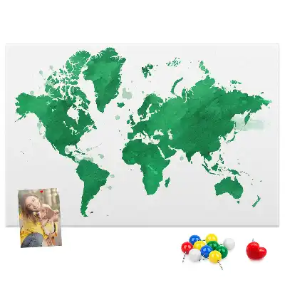 Green world map cork memo board