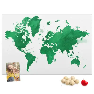 Green world map cork memo board
