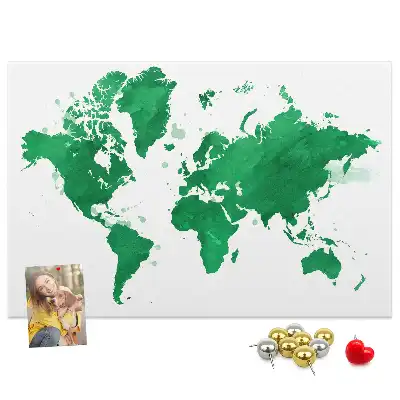 Green world map cork memo board